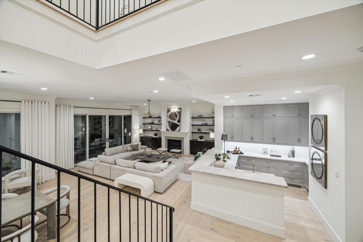 Fireplace, Interior, Kitchen, Living room, Pendant Lights, Recessed Lighting, Wood Texture Flooring