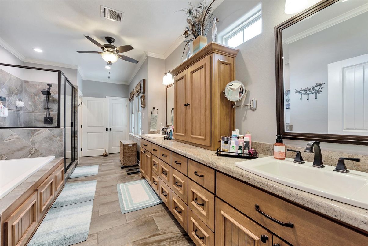 Bathroom, Dual Sink Vanities, Glass Shower, Interior, Pendant Lights, Recessed Lighting