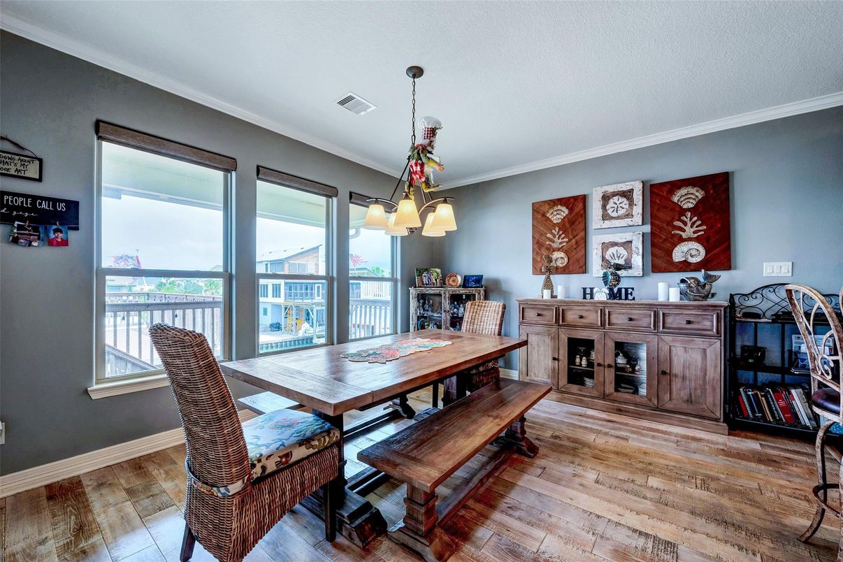 Dining room, Interior, Pendant Lights, Wood Texture Flooring