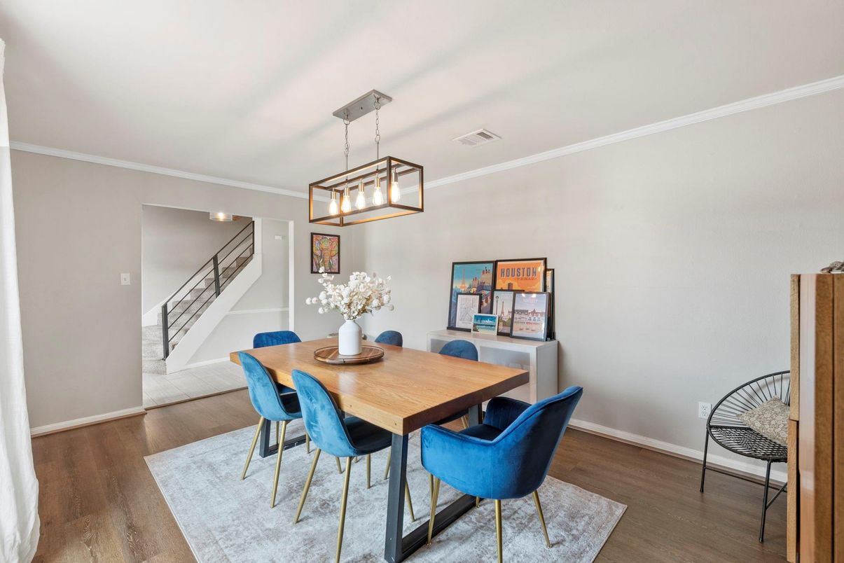 Dining room, Interior, Pendant Lights, Wood Texture Flooring