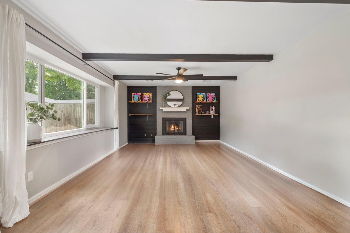 Empty room, Fireplace, Interior, Wooden Beams, Wood Texture Flooring