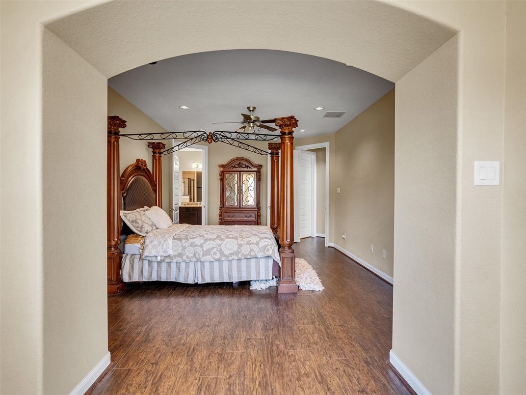 Bedroom, Interior, Recessed Lighting, Wood Texture Flooring