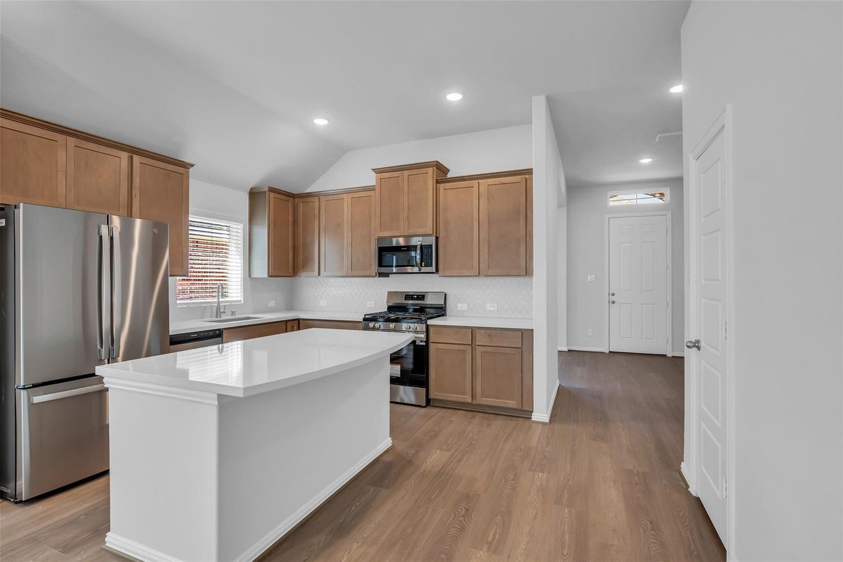 Interior, Kitchen, Recessed Lighting, Stainless Steel Appliances, Wood Texture Flooring