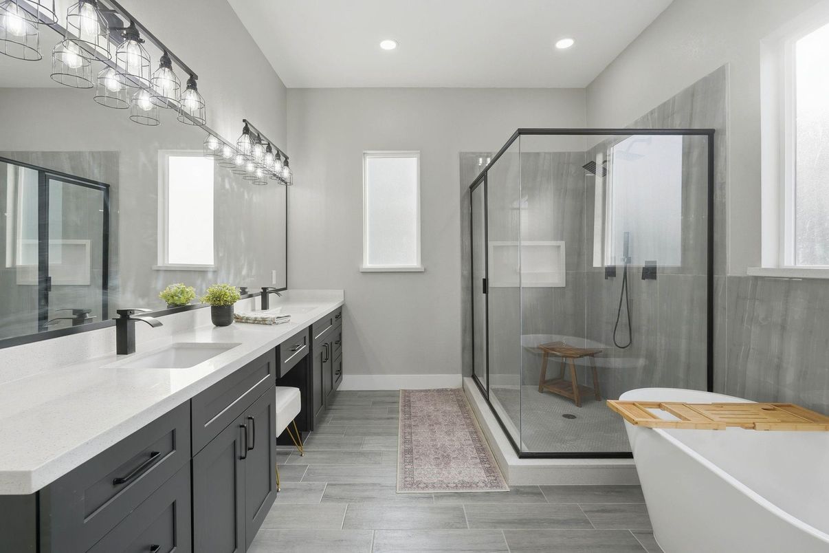 Bathroom, Dual Sink Vanities, Free Standing Baths, Glass Shower, Interior, Recessed Lighting, Wood Texture Flooring