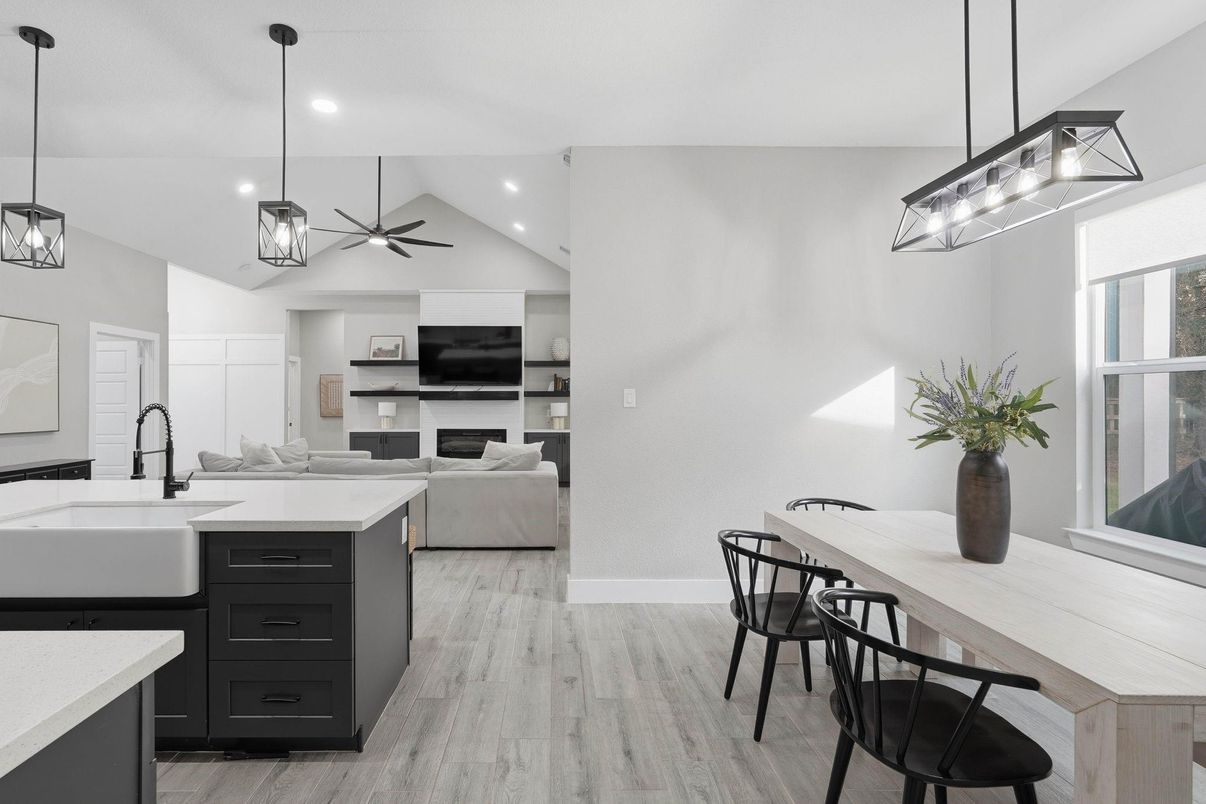 Dining room, Fireplace, Interior, Kitchen, Living room, Pendant Lights, Recessed Lighting, Wood Texture Flooring