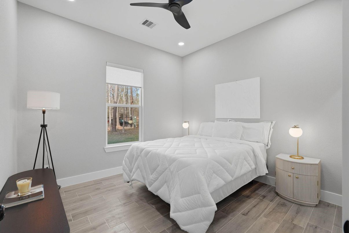 Bedroom, Interior, Recessed Lighting, Wood Texture Flooring