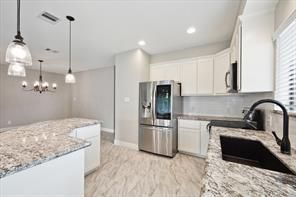 Chandelier, Interior, Kitchen, Marble, Pendant Lights, Recessed Lighting, Stainless Steel Appliances