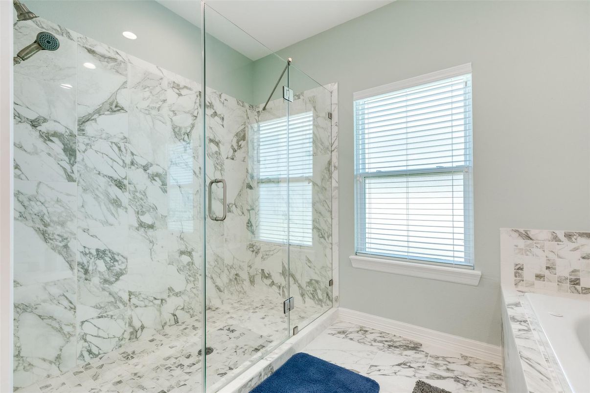 Bathroom, Glass Shower, Interior, Marble, Marble Walls, Recessed Lighting