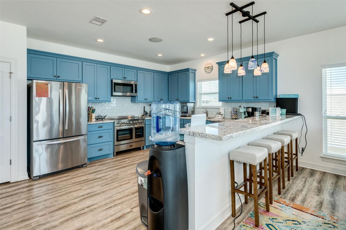 Interior, Kitchen, Pendant Lights, Recessed Lighting, Stainless Steel Appliances, Wood Texture Flooring