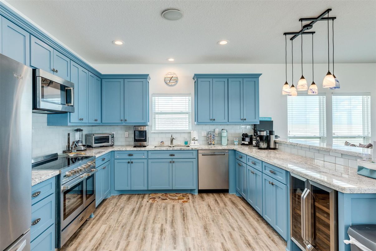 Interior, Kitchen, Pendant Lights, Recessed Lighting, Stainless Steel Appliances, Wood Texture Flooring