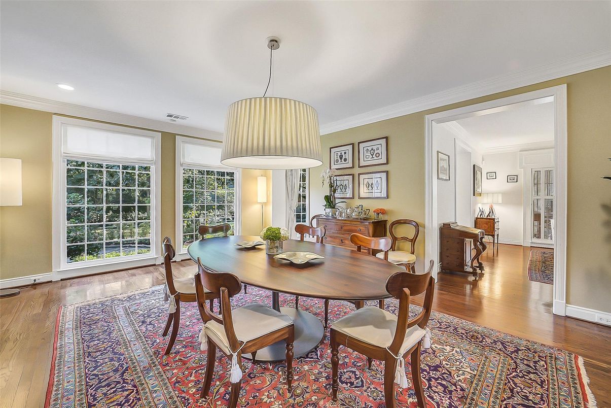 Dining room, Interior, Pendant Lights, Recessed Lighting, Wood Texture Flooring