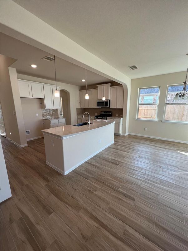 Interior, Kitchen, Pendant Lights, Recessed Lighting, Wood Texture Flooring