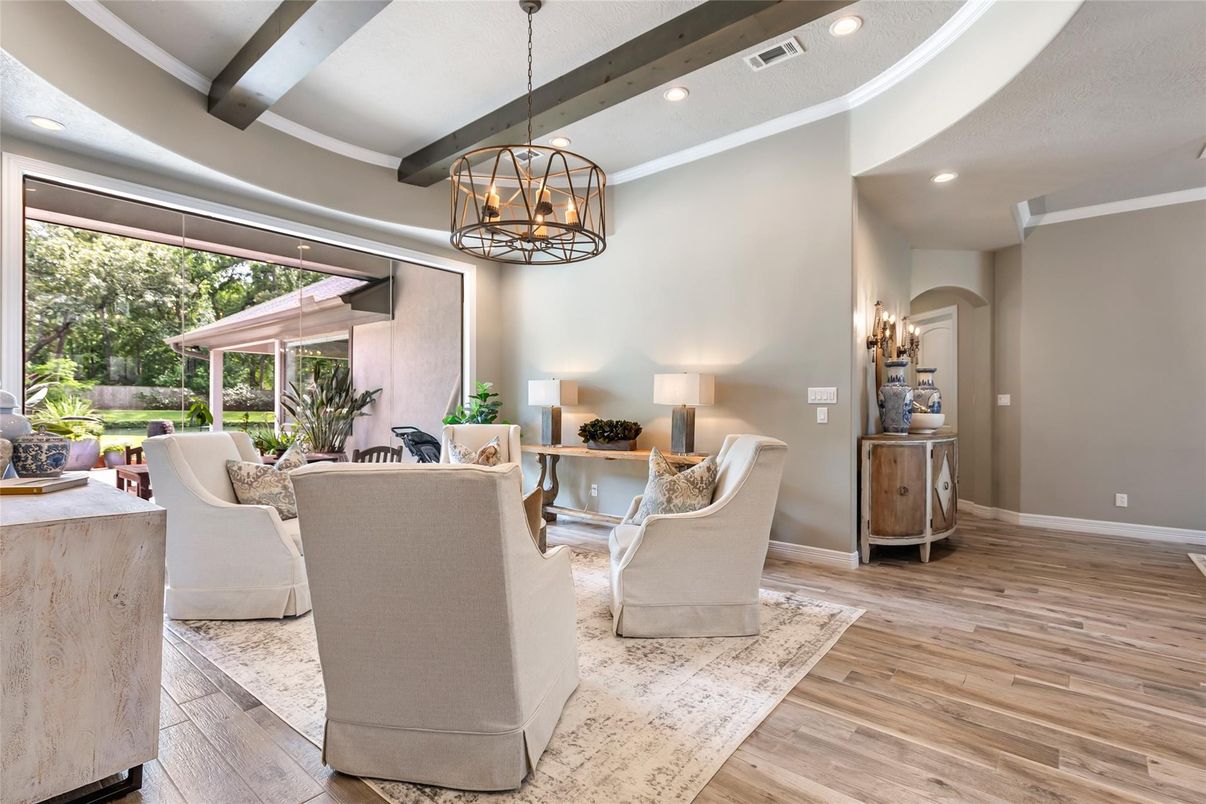 Chandelier, Interior, Living room, Pendant Lights, Recessed Lighting, Wood Texture Flooring