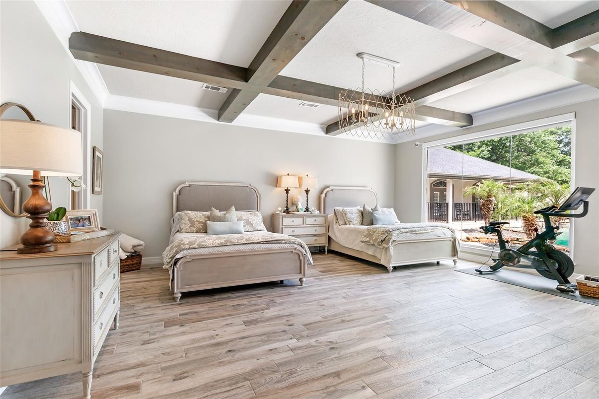 Bedroom, Chandelier, Fitness Equipment, Interior, Pendant Lights, Wooden Beams, Wood Texture Flooring