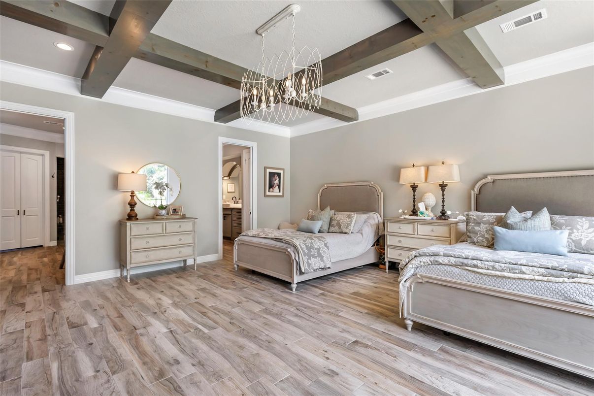 Bedroom, Chandelier, Interior, Pendant Lights, Recessed Lighting, Wooden Beams, Wood Texture Flooring