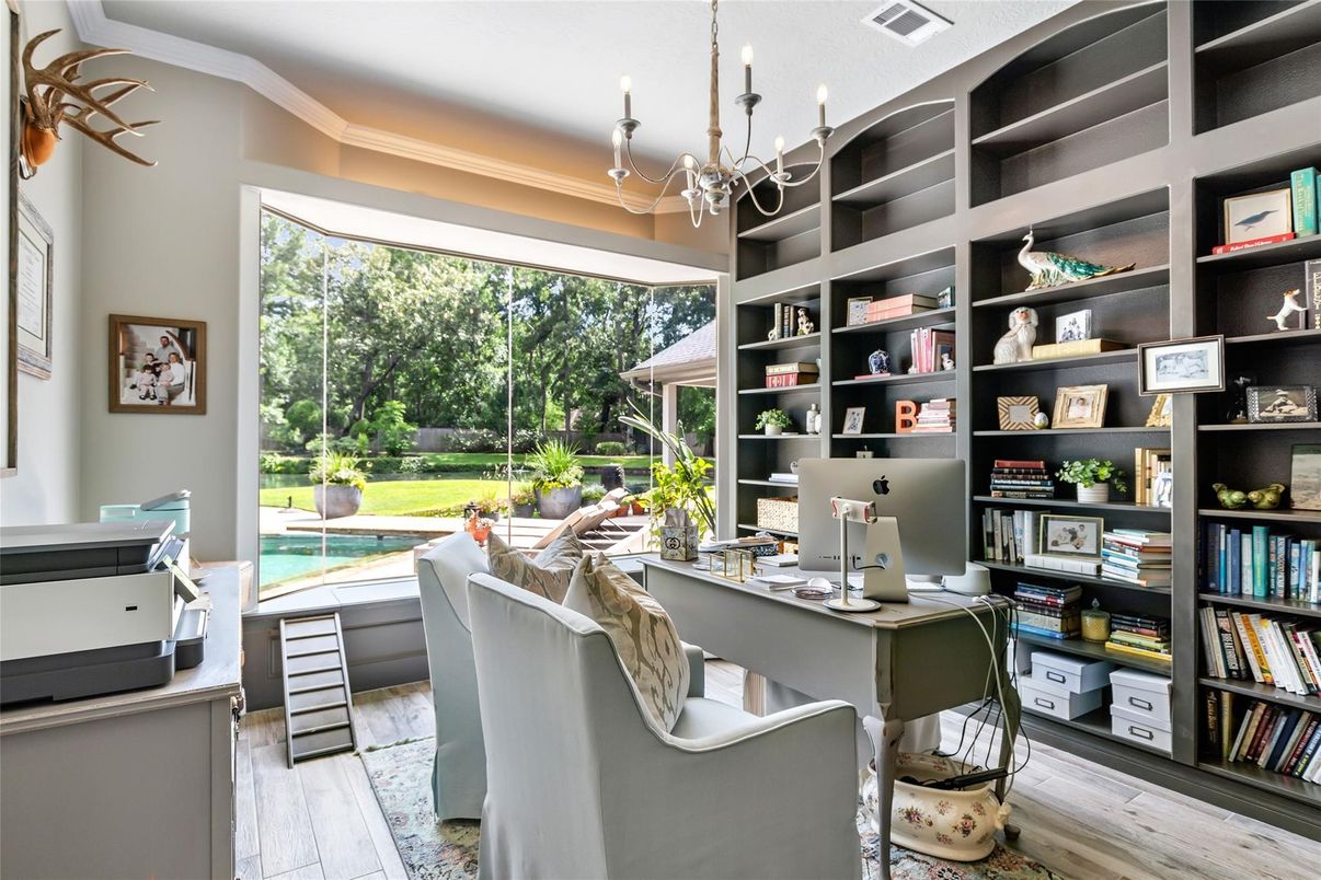 Chandelier, Home Office, Interior, Wood Texture Flooring