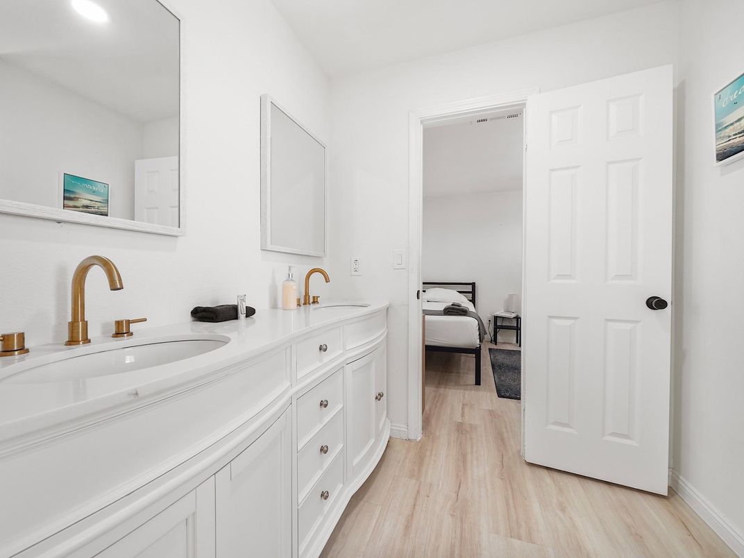 Bathroom, Bedroom, Dual Sink Vanities, Interior, Recessed Lighting, Wood Texture Flooring