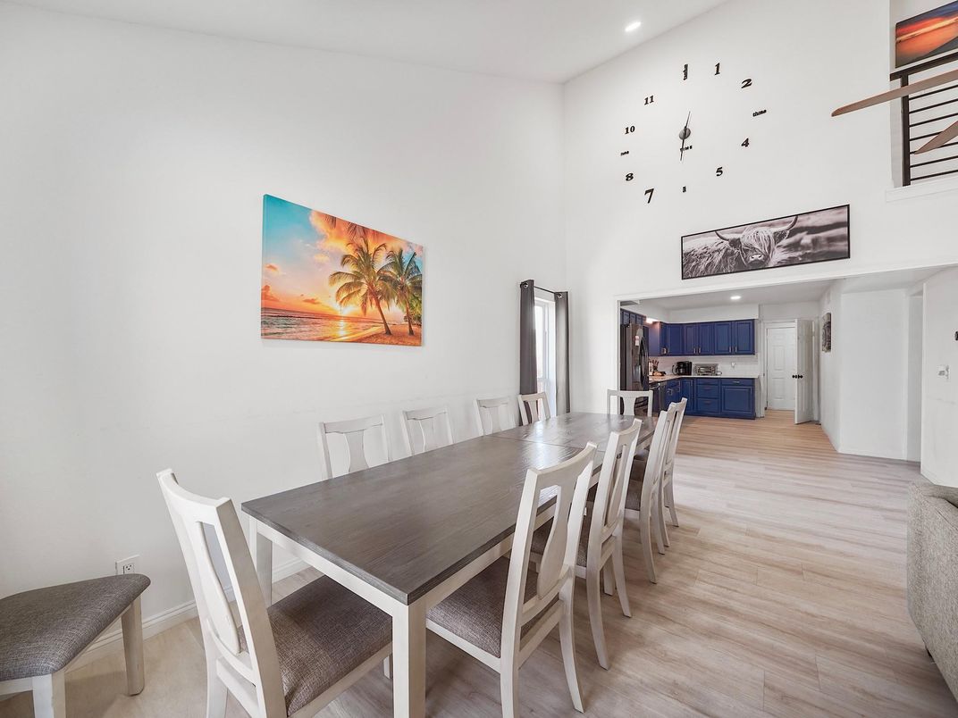 Dining room, Interior, Pendant Lights, Recessed Lighting, Wood Texture Flooring