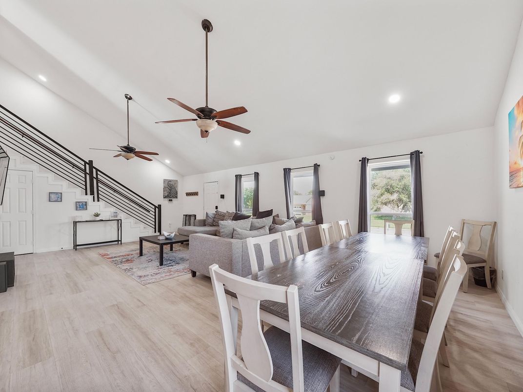 Dining room, Interior, Living room, Recessed Lighting, Wood Texture Flooring