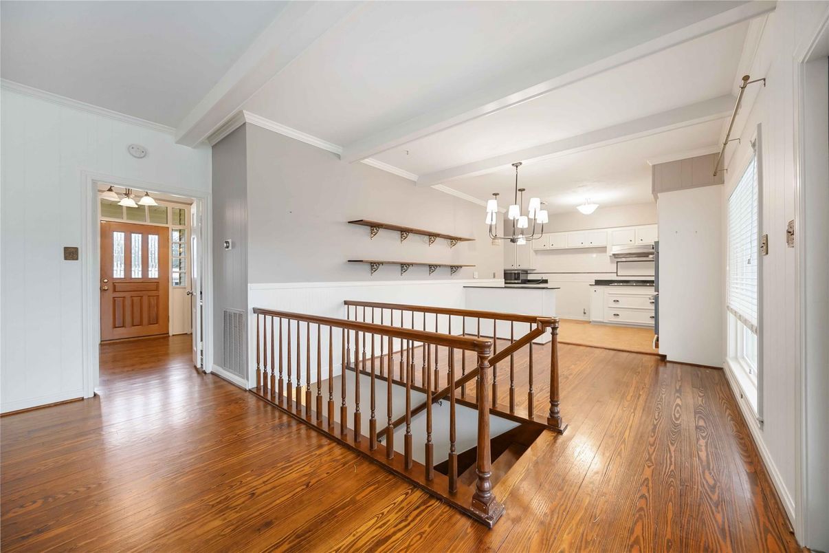 Chandelier, Interior, Kitchen, Pendant Lights, Stainless Steel Appliances, Wood Texture Flooring