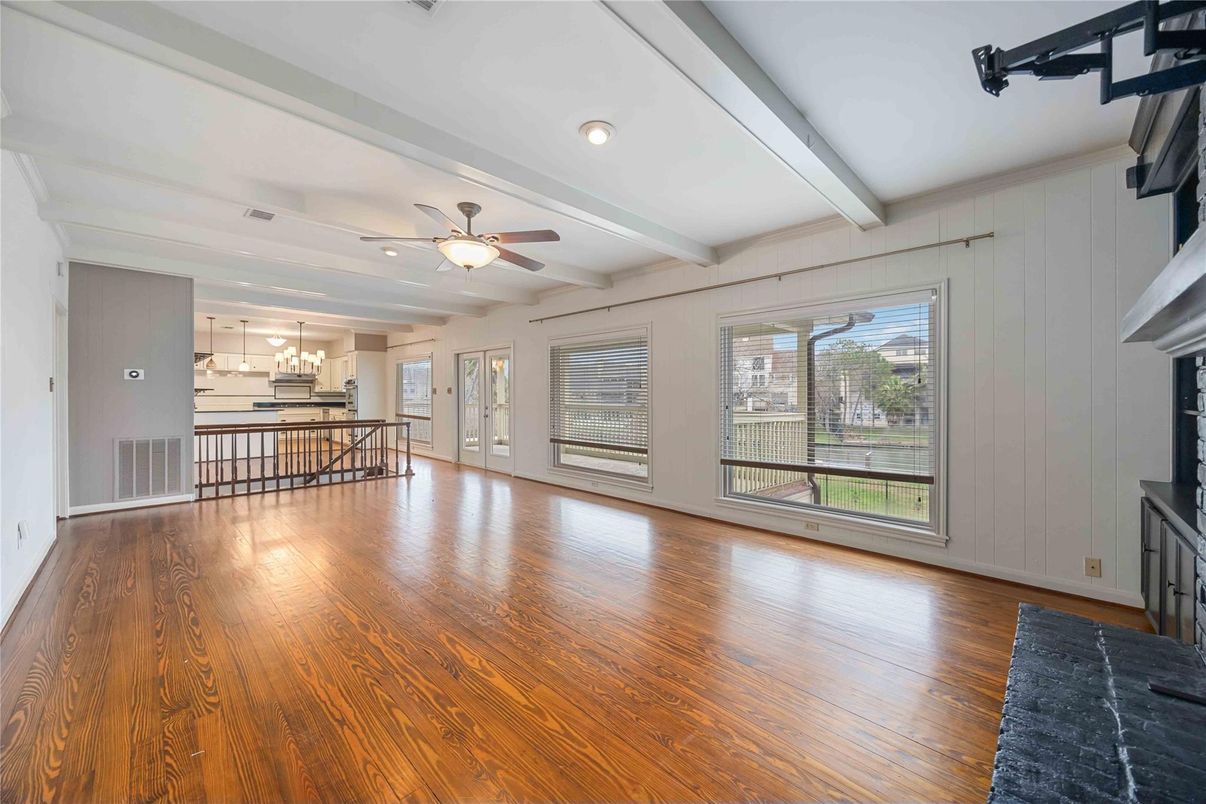 Empty room, Interior, Kitchen, Pendant Lights, Recessed Lighting, Wood Texture Flooring