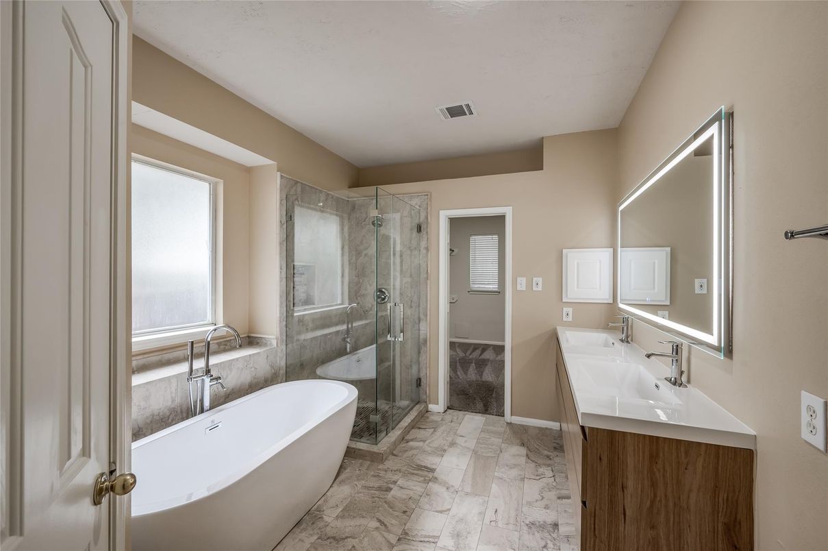 Bathroom, Free Standing Baths, Glass Shower, Interior, Marble