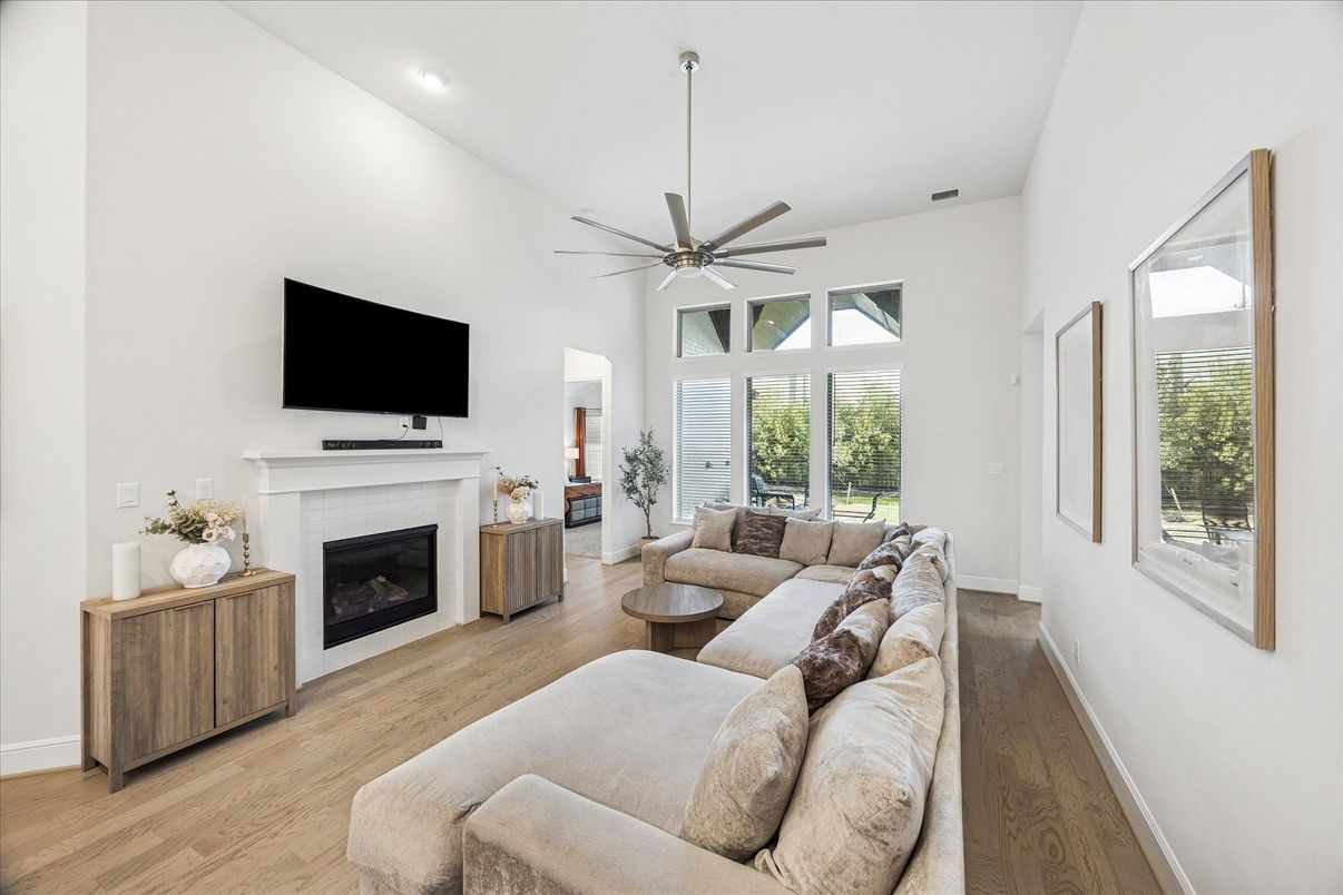 Fireplace, Interior, Living room, Recessed Lighting, Wood Texture Flooring