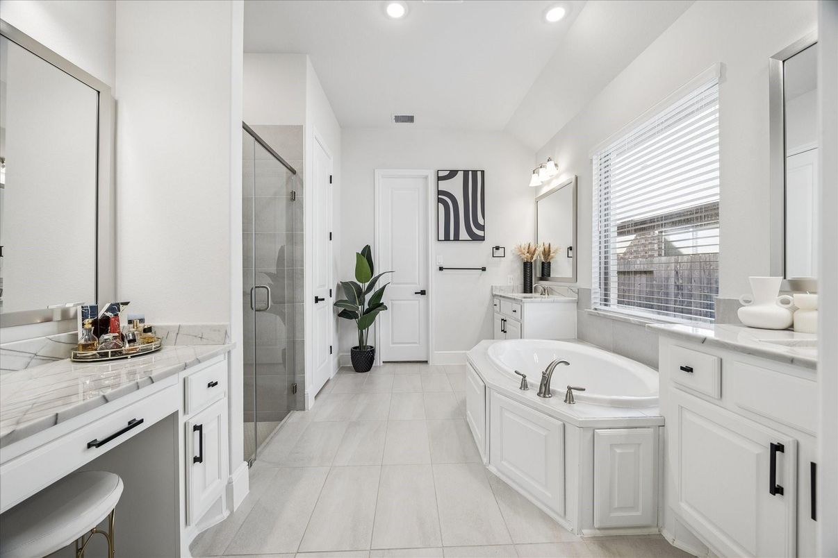 Bathroom, Dual Sink Vanities, Glass Shower, Interior, Recessed Lighting
