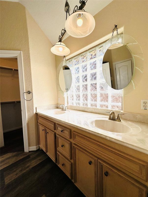 Bathroom, Dual Sink Vanities, Interior, Pendant Lights, Wood Texture Flooring
