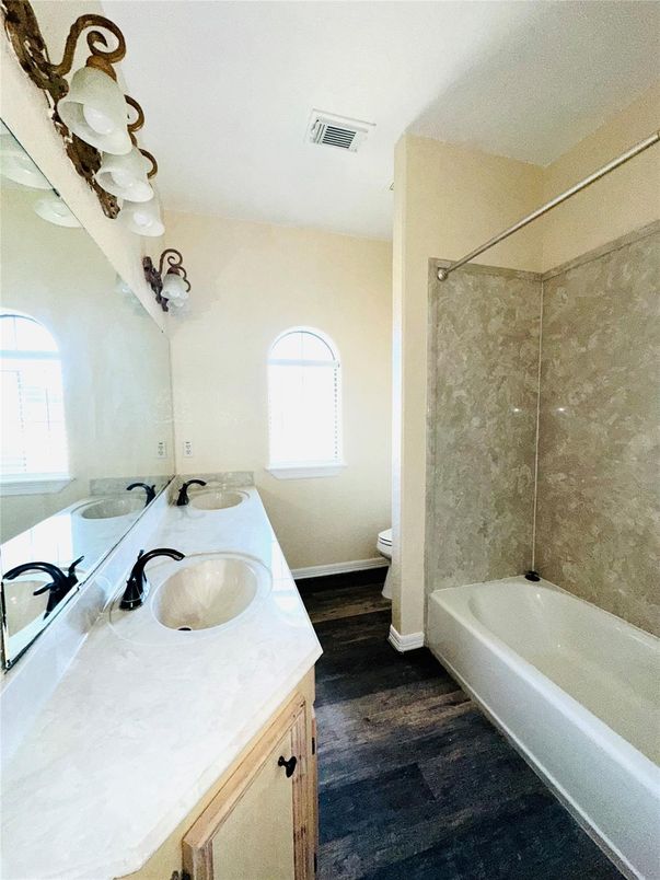 Bathroom, Dual Sink Vanities, Interior, Wood Texture Flooring