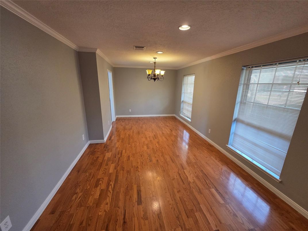 Chandelier, Empty room, Interior, Recessed Lighting, Wood Texture Flooring