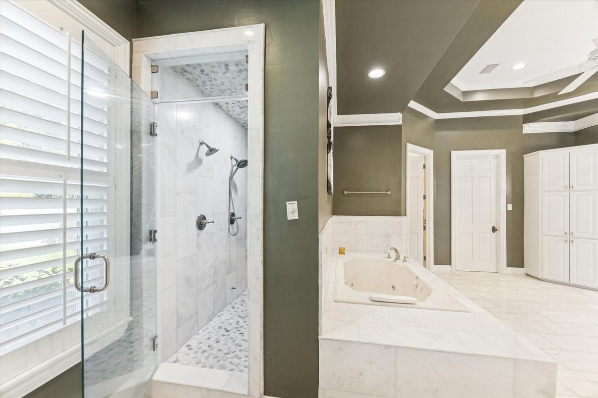 Bathroom, Glass Shower, Interior, Marble, Recessed Lighting