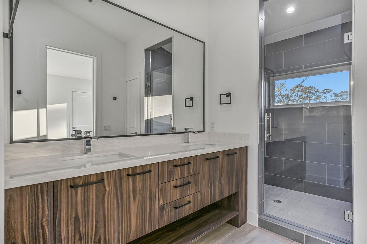 Bathroom, Dual Sink Vanities, Glass Shower, Interior, Recessed Lighting