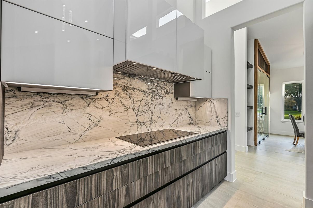 Interior, Kitchen, Marble Walls, Wood Texture Flooring