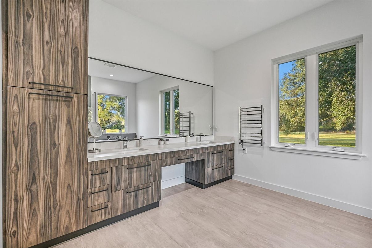 Bathroom, Dual Sink Vanities, Interior, Recessed Lighting, Wood Texture Flooring