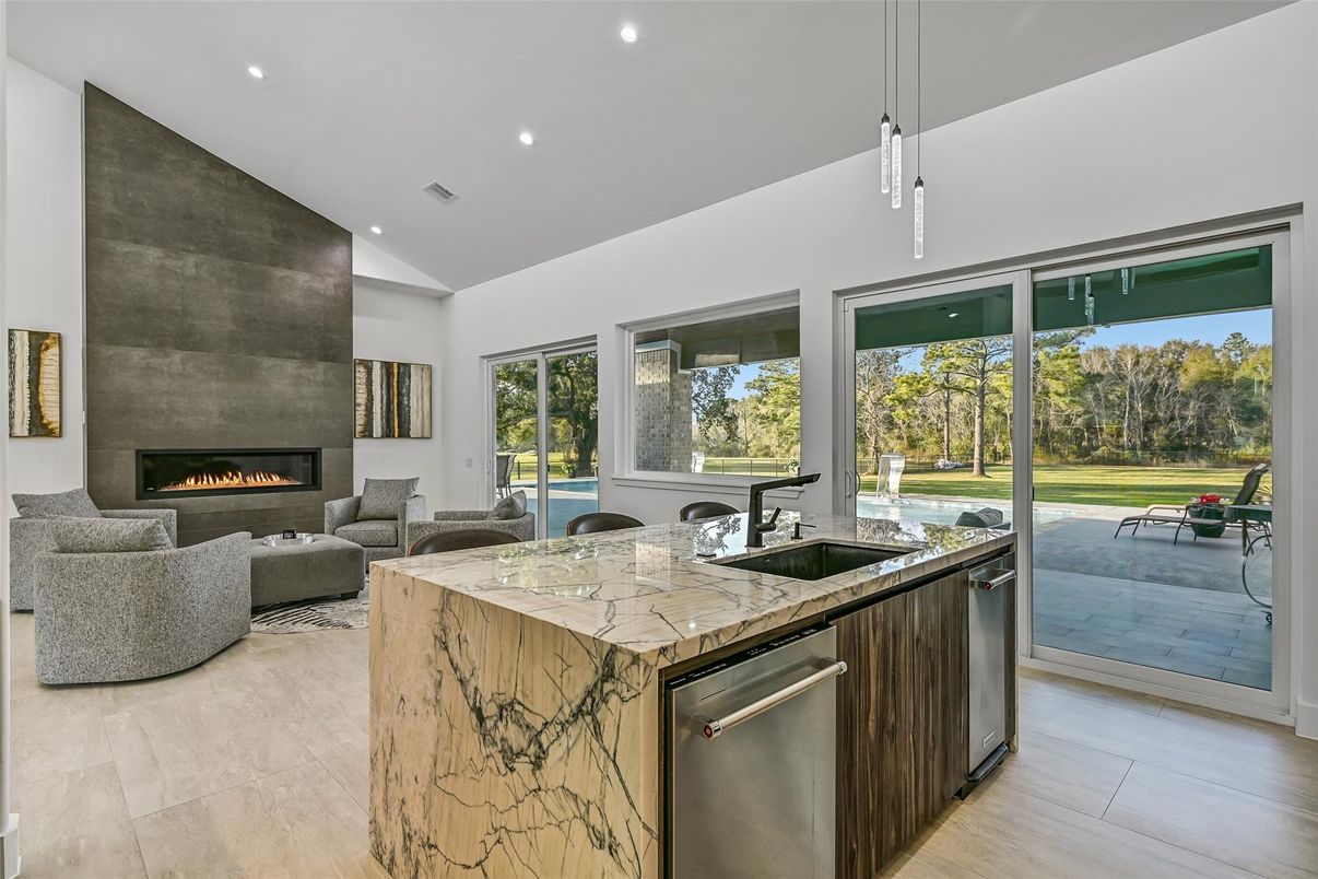 Fireplace, Interior, Kitchen, Living room, Pendant Lights, Recessed Lighting