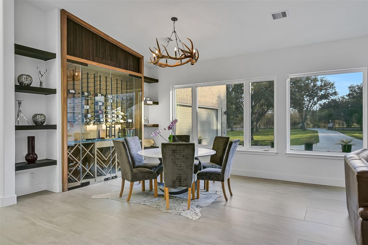 Chandelier, Dining room, Interior, Wine Storage, Wood Texture Flooring
