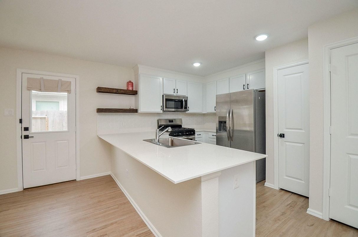 Interior, Kitchen, Recessed Lighting, Stainless Steel Appliances, Wood Texture Flooring