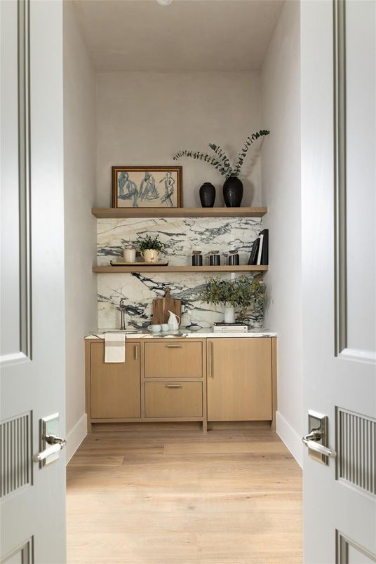 Interior, Marble Walls, Wood Texture Flooring