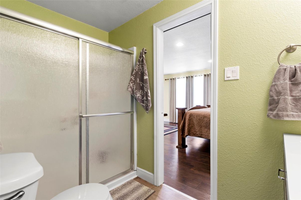 Bathroom, Glass Shower, Interior, Recessed Lighting, Wood Texture Flooring