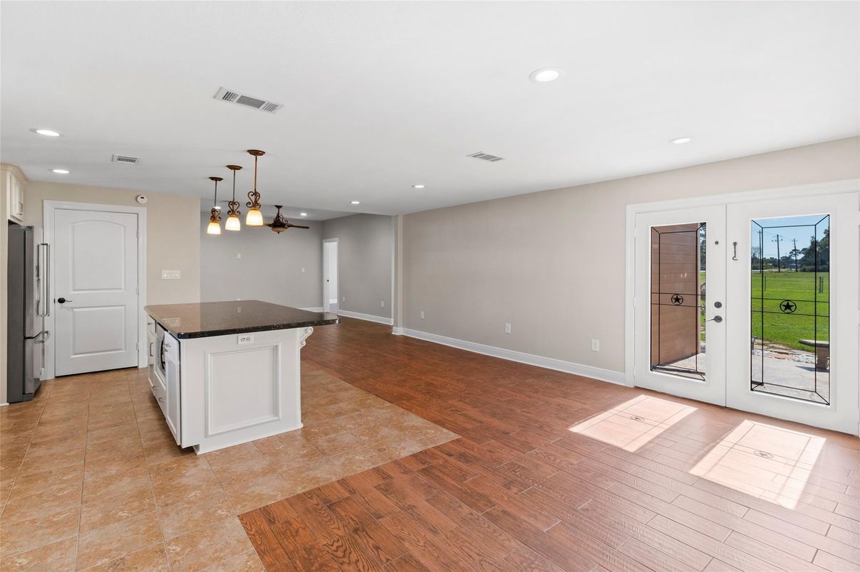 Empty room, Interior, Kitchen, Pendant Lights, Recessed Lighting, Wood Texture Flooring