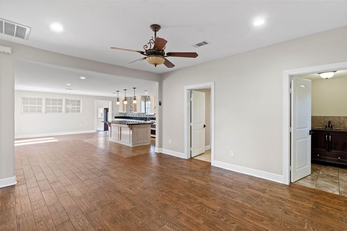 Empty room, Interior, Kitchen, Recessed Lighting, Wood Texture Flooring
