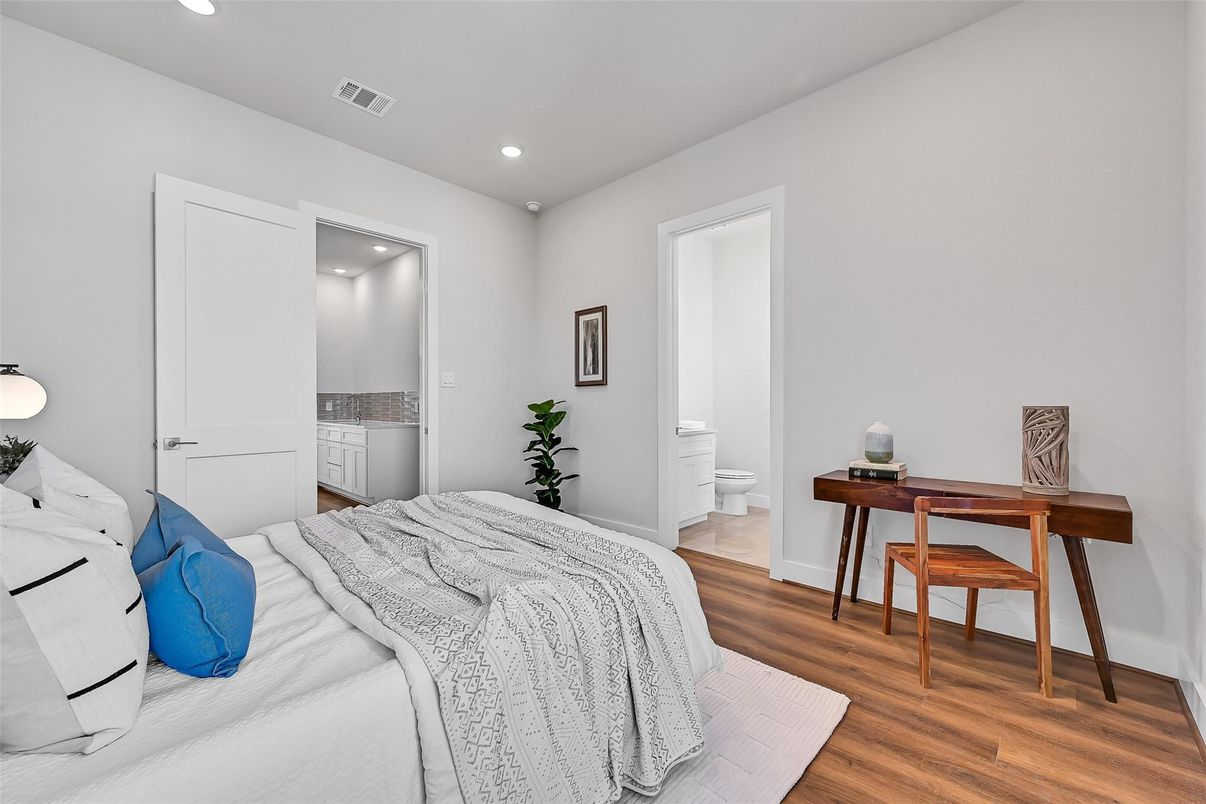 Bathroom, Bedroom, Home Office, Interior, Recessed Lighting, Wood Texture Flooring