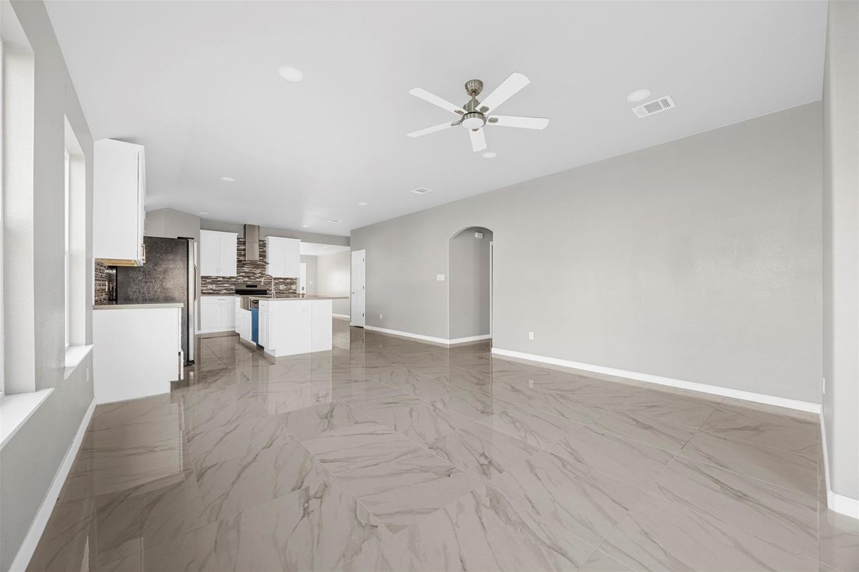 Empty room, Interior, Kitchen, Marble, Recessed Lighting