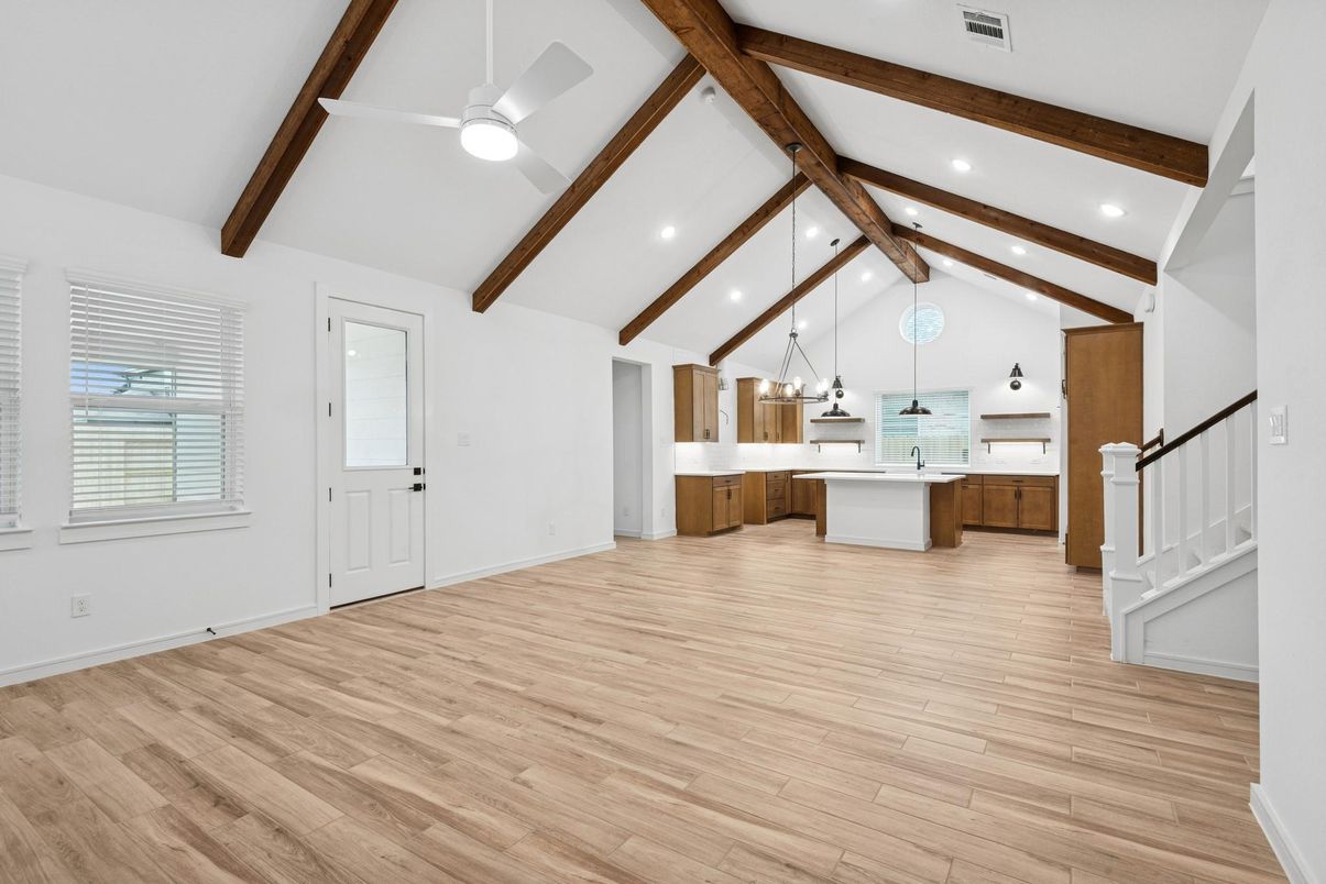Empty room, Interior, Kitchen, Pendant Lights, Recessed Lighting, Wooden Beams, Wood Texture Flooring