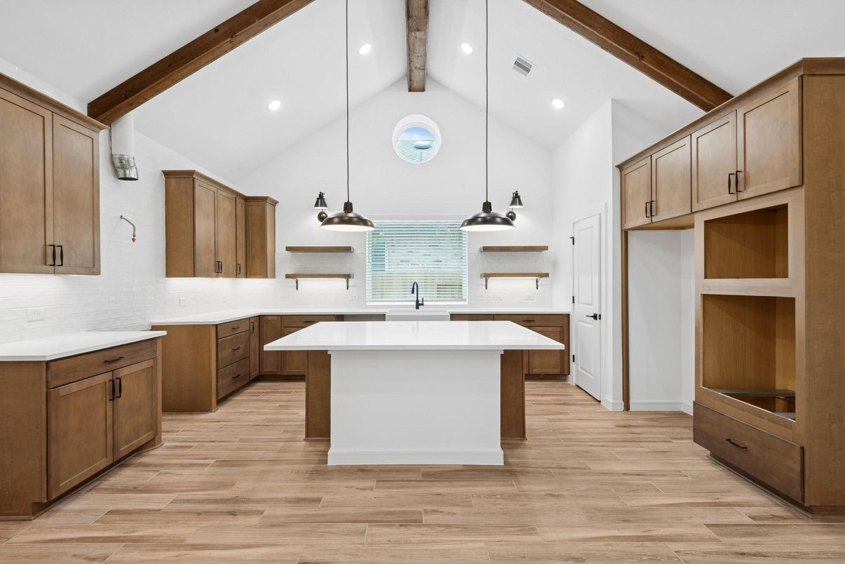 Interior, Kitchen, Pendant Lights, Recessed Lighting, Wooden Beams, Wood Texture Flooring