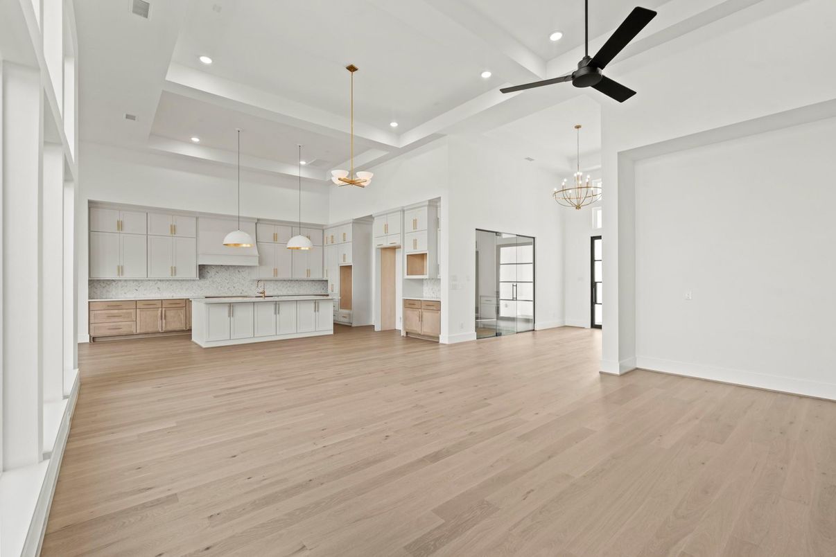Chandelier, Empty room, Interior, Kitchen, Pendant Lights, Recessed Lighting, Wood Texture Flooring
