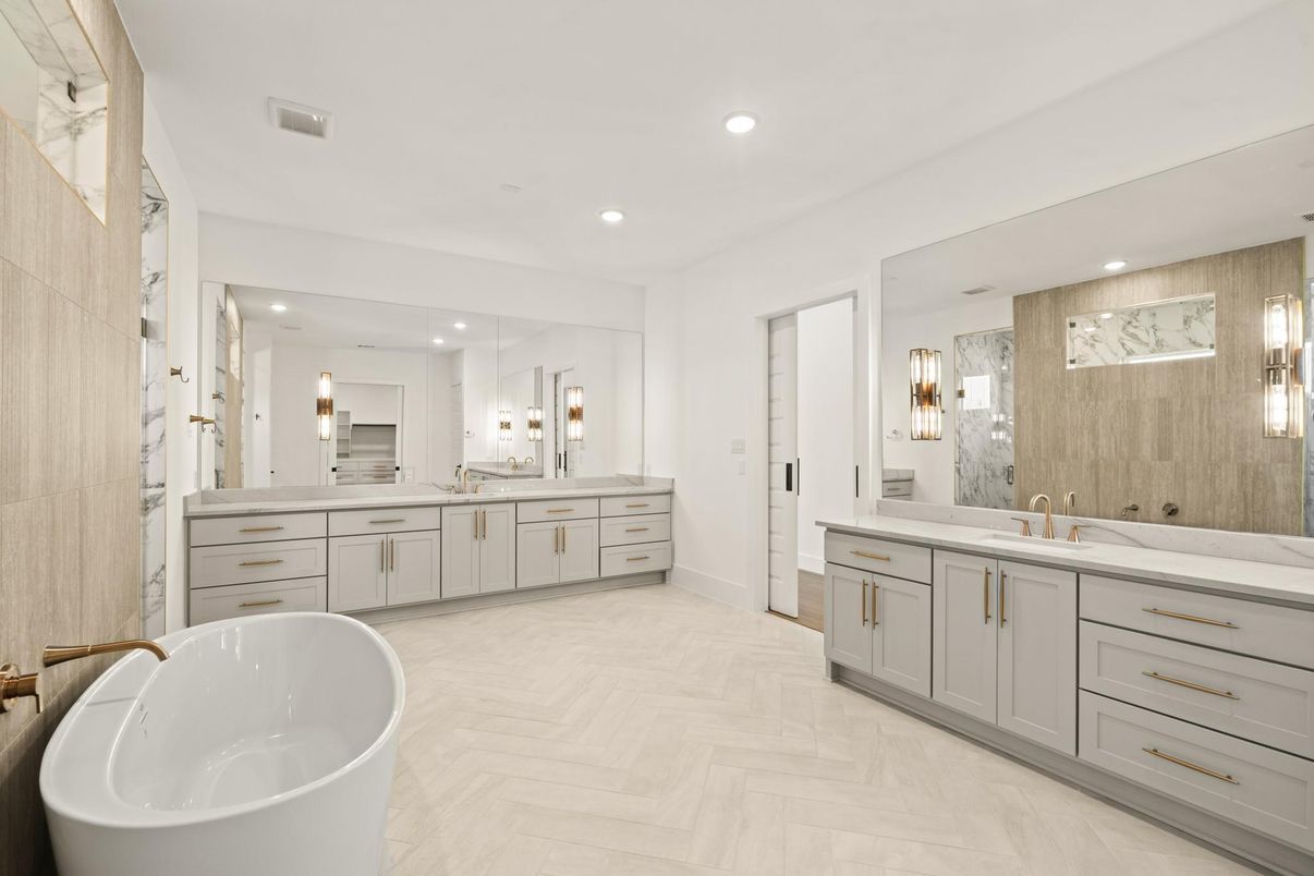 Bathroom, Dual Sink Vanities, Free Standing Baths, Interior, Recessed Lighting, Wood Texture Flooring
