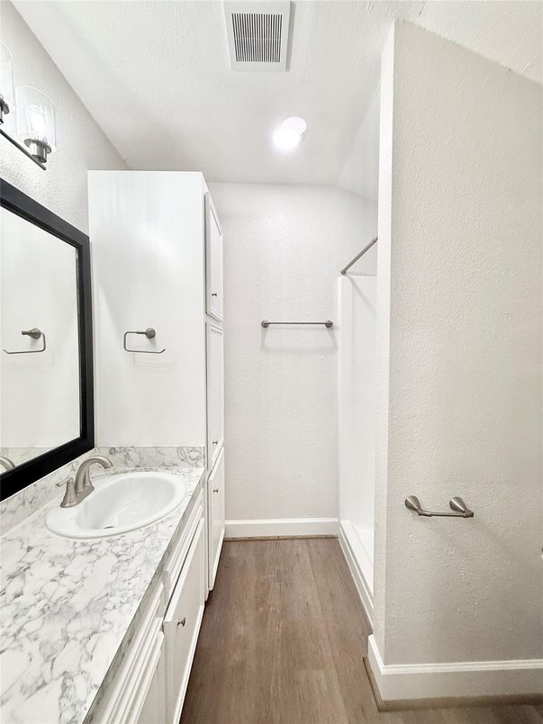 Bathroom, Interior, Recessed Lighting, Wood Texture Flooring