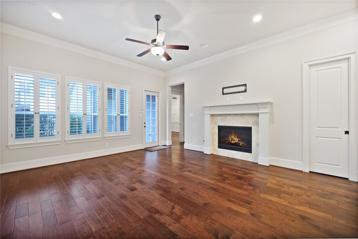 Empty room, Fireplace, Interior, Recessed Lighting, Wood Texture Flooring